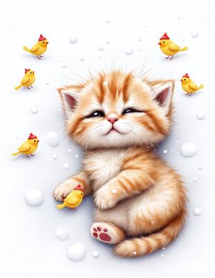 The primary subject of the image is a small orange kitten. The kitten is laying down and appears to be sleeping. The setting is a white background, which provides a clean and simple backdrop for the image. The visual style is a digital art or illustration, as the kitten is depicted in a detailed and realistic manner. The colors and mood of the image are warm and cozy, as the orange kitten is the main focus and the white background creates a sense of calmness and tranquility.